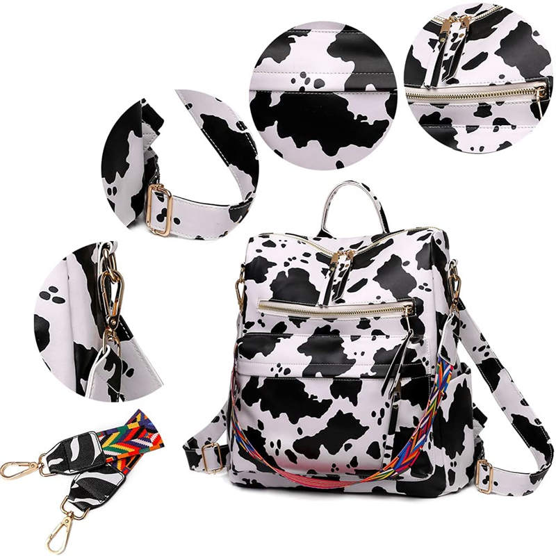 Fashion Backpack Multipurpose Print Leather Travel Shoulder Bag-White Cow Pattern