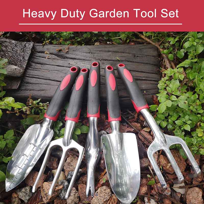 5 Piece Garden Tool Aluminum Heavy Duty Gardening Tool Set with Non-Slip Rubber Grip for Men and Women -Black Red