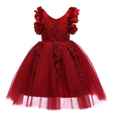 Princess Flower Girl Lace Dress Pageant Kids Christmas Party Dresses-Maroon
