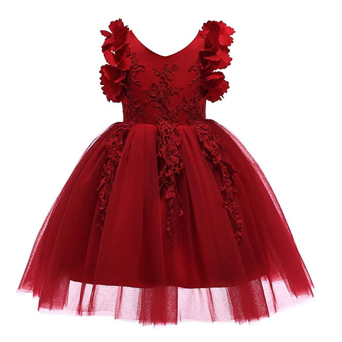 Princess Flower Girl Lace Dress Pageant Kids Christmas Party Dresses-Maroon