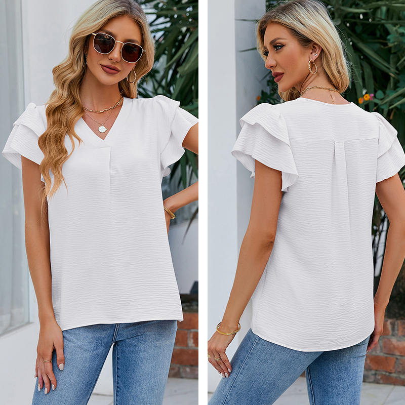 Womens Ruffle Short Sleeve Chiffon Blouses V Neck Solid Color Casual Top-White