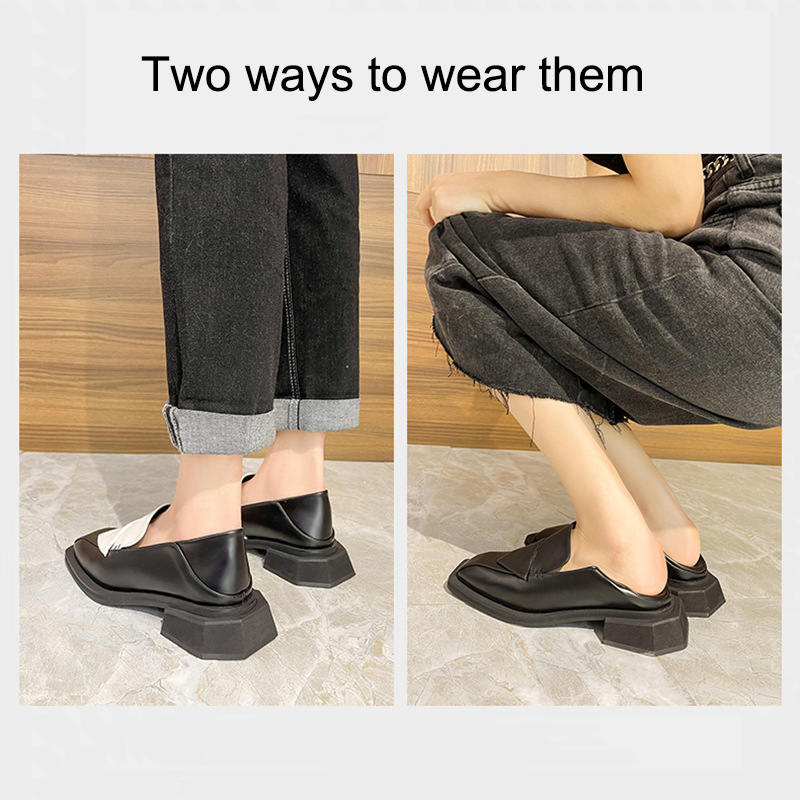 Womens Loafer Square Toe Chunky Heel Fashion Slip on Shoes-Black