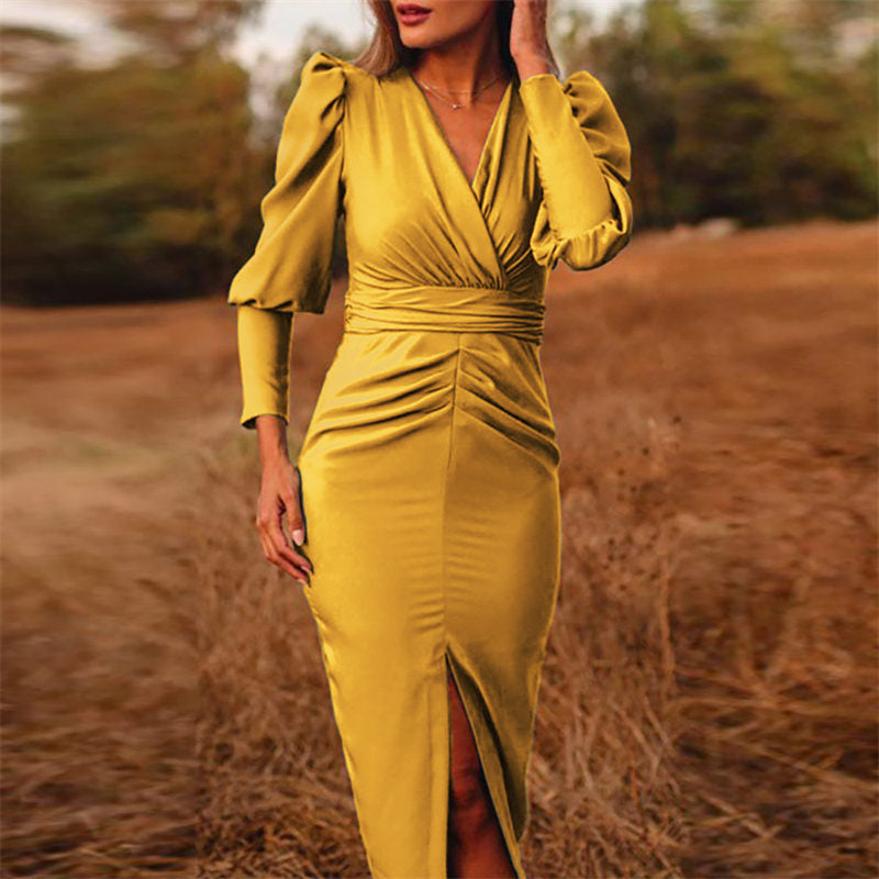 Sexy Tight-Fitting Long Sleeves Solid Color V-Neck Slit Dress-Yellow