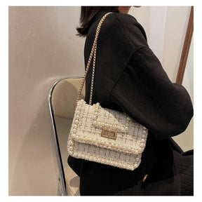 Women Tweed Pearl Chain Purse Crossbody Bag-White