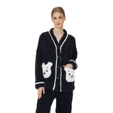 Womens V Neck Buttons Cardigan Pajamas Set-White Bear