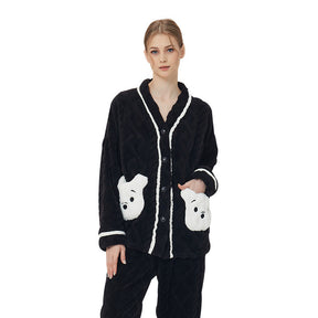 Womens V Neck Buttons Cardigan Pajamas Set-White Bear