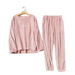 Crew Neck Flannel Pajamas Set for Women-Light Pink