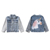 Kids Unicorn Jean Jacket Toddler Girls Denim Coat with Sparkly Sleeve-Blue