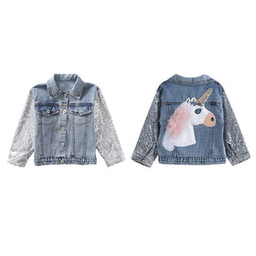 Kids Unicorn Jean Jacket Toddler Girls Denim Coat with Sparkly Sleeve-Blue