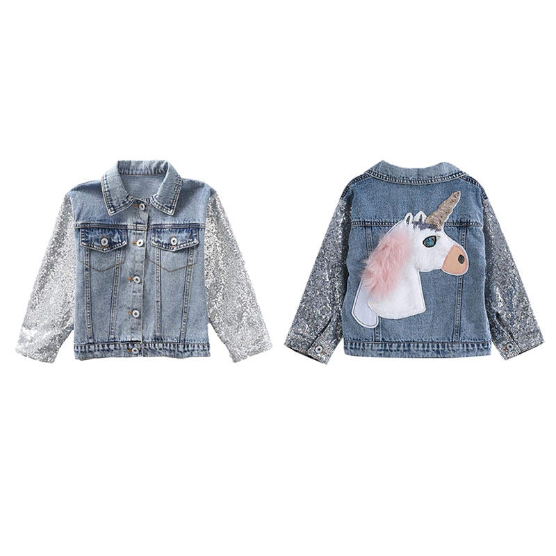 Kids Unicorn Jean Jacket Toddler Girls Denim Coat with Sparkly Sleeve-Blue