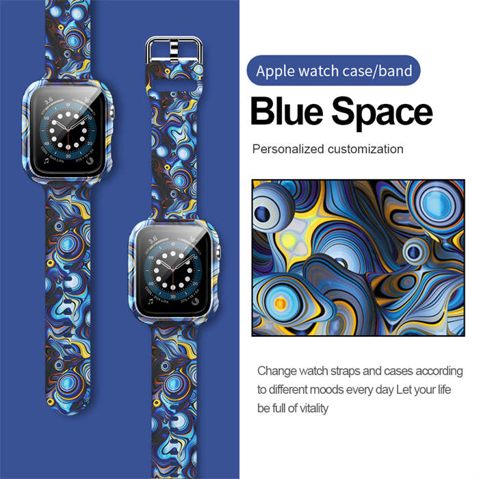 Silicone Printed Watch Band with Screen Protector Case for iWatch Series SE/6/5/4/3/2/1-BlueSpace