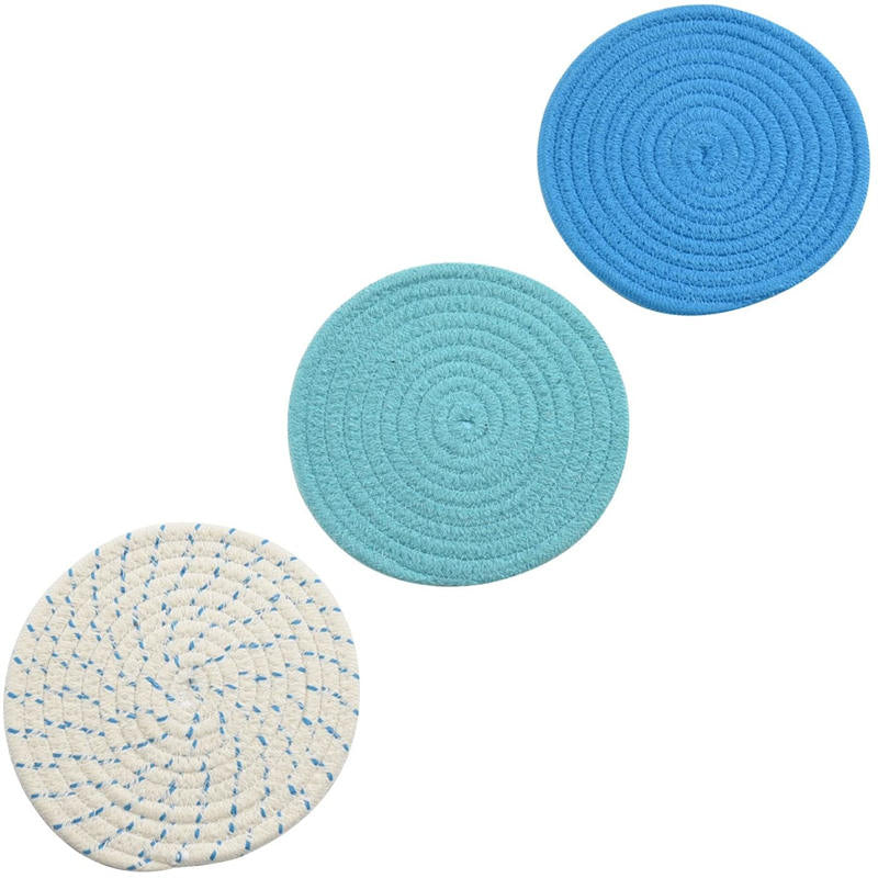 3 Pcs Potholders Colorful Cotton Thread Weave Stylish Coasters Heat Insulation Table Mat by Diameter 18CM-Blue