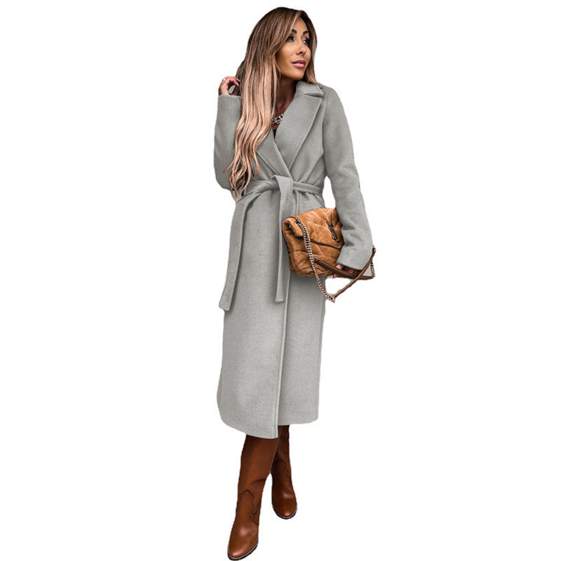 Womens Trench Coats Lapel with Tie Belt Fashion Winter Long Outwear-Light Grey