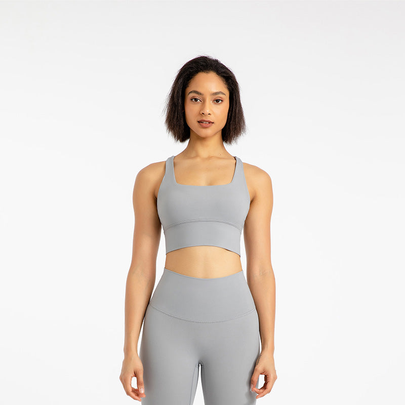 Cross Back Longline Sports Bras Wirefree Padded Crop Tank Top-Grey