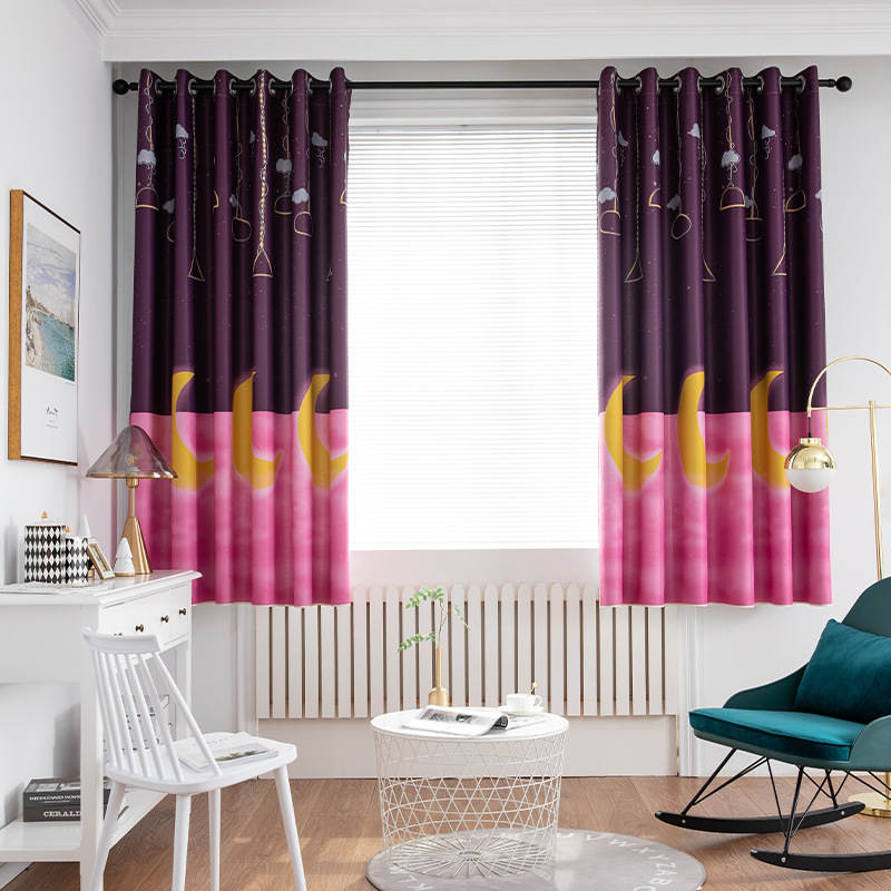 2 Panels Star Moon Window Curtain For Bedroom 39X78in-Purple