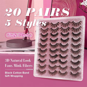 20 Pairs False Eyelashes Faux Mink Lashes Natural Look 5 Styles Mixed