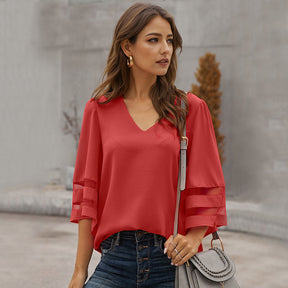 Womens V Neck 3/4 Sleeve Blouse Mesh Panel Shirt Solid Flowy Loose Top-Red