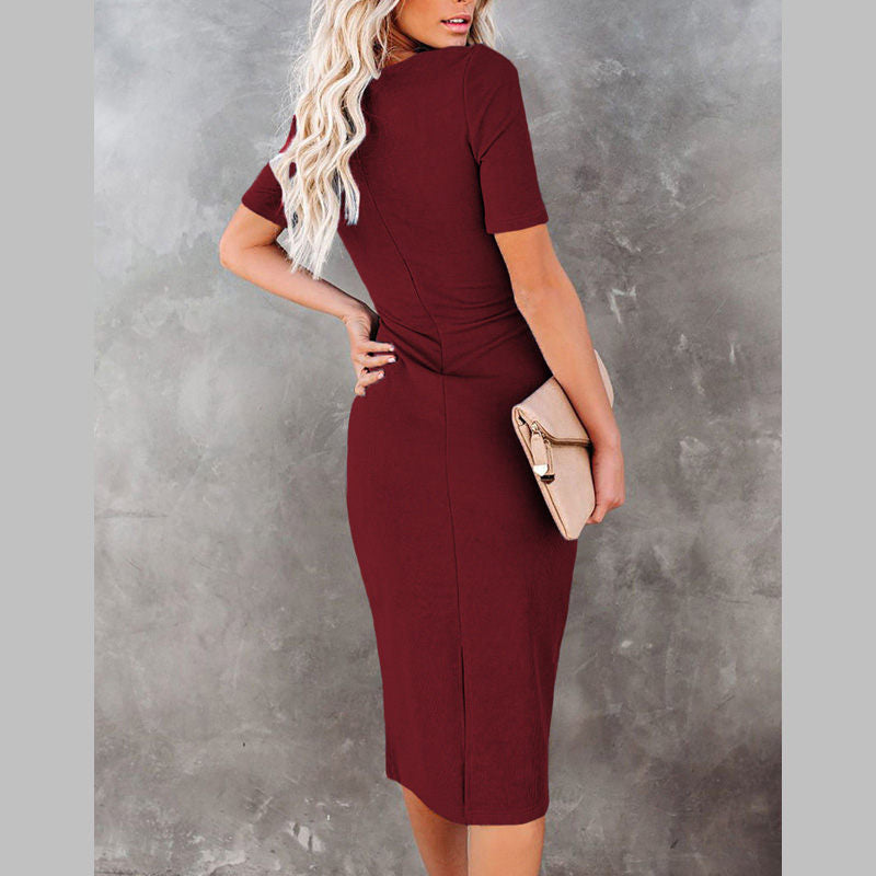 Womens Elastic Cocktail Party Elegant Dress Body Dress With Belt-WineRed