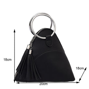 Women Cute Tassel Clutch PU Leather Triangle Bags-Black