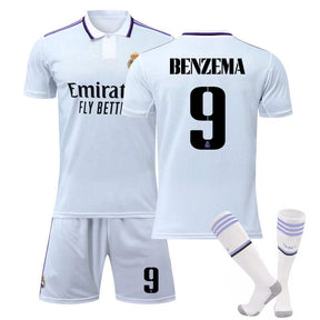 Real Madrid Home Jersey 2022-23 BENZEMA #9 Soccer Jersey Kids Adult 3-Pieces Jersey Kits