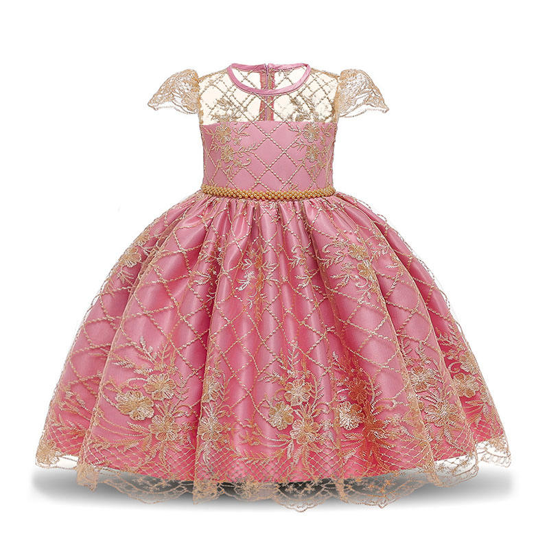 Girl Flower Lace Printed Cotton Elegant Tulle Bow Belt Princess Dress-12Pink