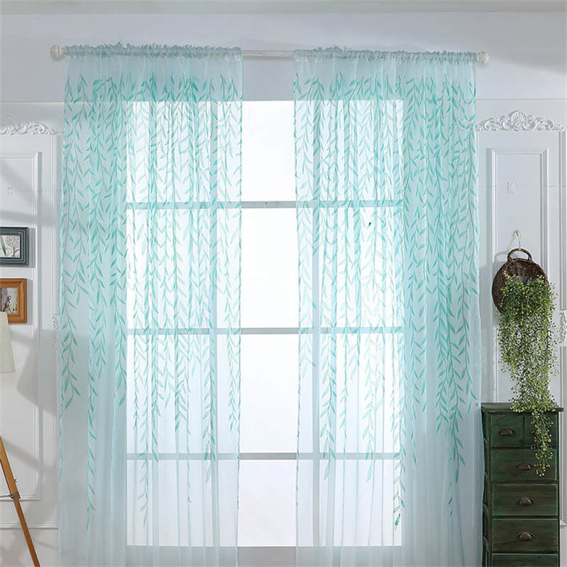 2 Panels Leaves Embroidered Sheer Rod Pocket Drapes For Living Room-Blue