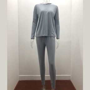 Women Loose Solid Color Long Sleeve Top Casual Drawstring Pants with Pockets-Gray