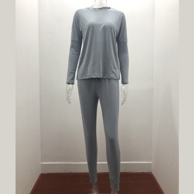 Women Loose Solid Color Long Sleeve Top Casual Drawstring Pants with Pockets-Gray