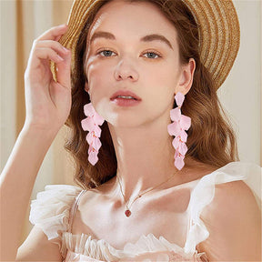 Long Drop Rose Petal Earrings for Women and Girls-Pink