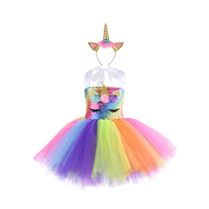 Sequin Unicorn Dress for Girls with Gold Headband Birthday Easter Gifts Dance Dresses-Rainbow