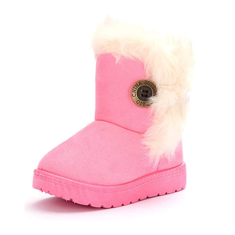 Girl's Boy's Cute Flat Shoes Button Winter Warm Snow Boots-Pink