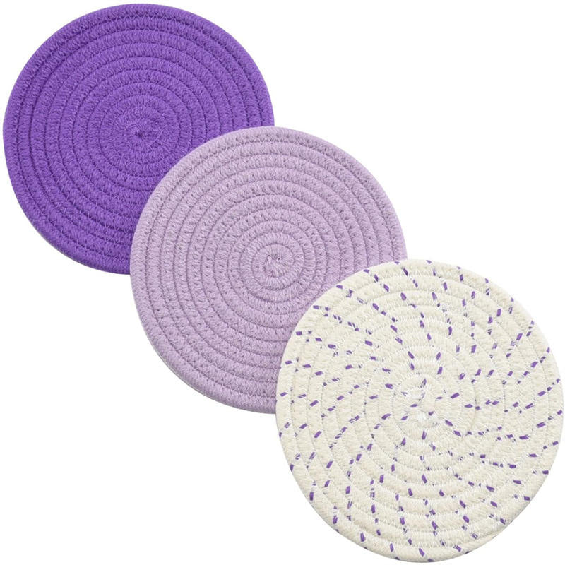 3 Pcs Potholders Colorful Cotton Thread Weave Stylish Coasters Heat Insulation Table Mat by Diameter 18CM-Purple