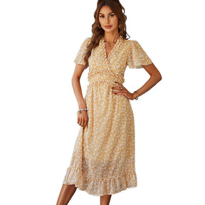 Womens V Neck Floral Dress Summer Beach Vacation Chiffon Dress-Yellow