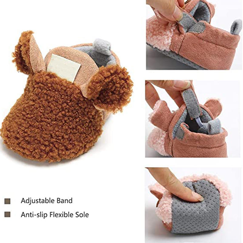 Infant Baby Boys Girls Slipper Stay On Non Slip Soft Sole 0-18 Months Cotton Plush Shoes-Brown