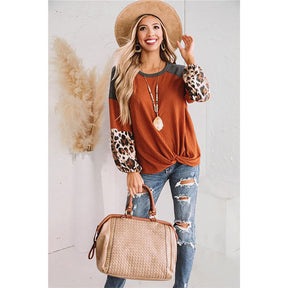 Womens Twist Knot Shirts Waffle Leopard Print Color Block Loose Fit Tops-Orange