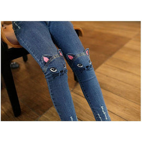 Big Girls Distressed Ripped Hole Teens Jean Blue Cat Slim Denim Pants