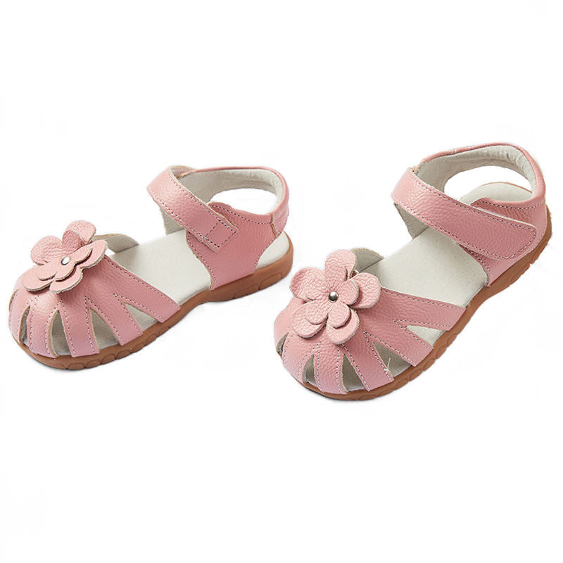 Flat Sandals for Toddler Girls Closed-Toe with Flower Summer Shoes-Pink
