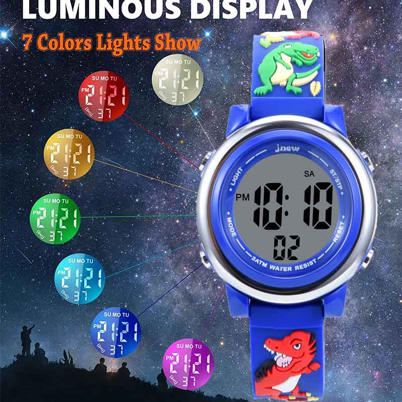 Kids Watchs 3D Cartoon Dinosaur Pattern Waterproof Silicone 7 Color Lights Watch-DarkBlue