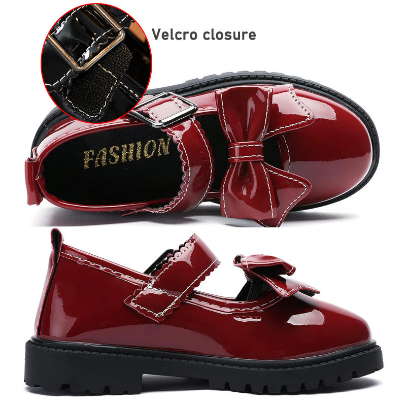 Girls Bowknot Mary Jane Shoes Hook & Loop Wedding Party Flats-Wine Red