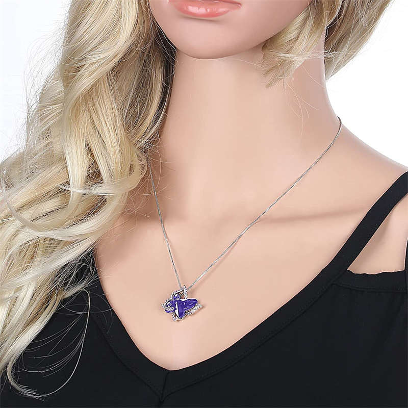 Butterfly Birthstone Crystal Pendant Necklace Gifts for Women Girls-CrystalBlue