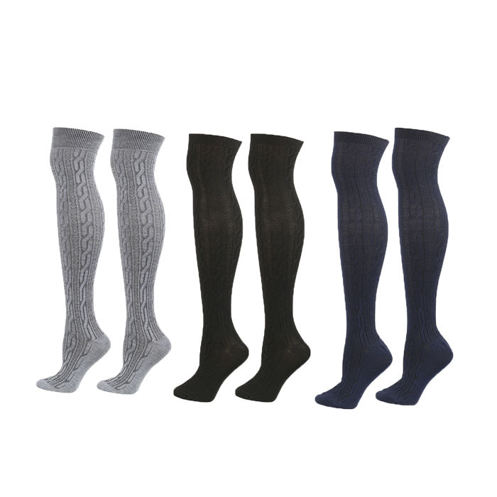 3Packs Women Extra Long High Socks Knit Warmers Thick Tall Long Boot Stockings Leg-BlackNavyGray