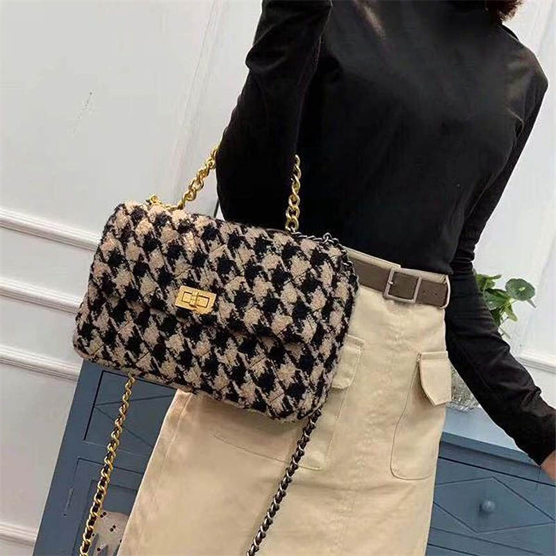 PU Leather Houndstooth Ladies Shoulder Bag Fashion Woolen Cloth Crossbody Bag-Apricot