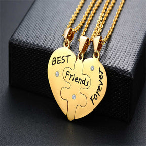 Pack of 3 Stainless Steel Heart Puzzle Pendant Necklace-Gold