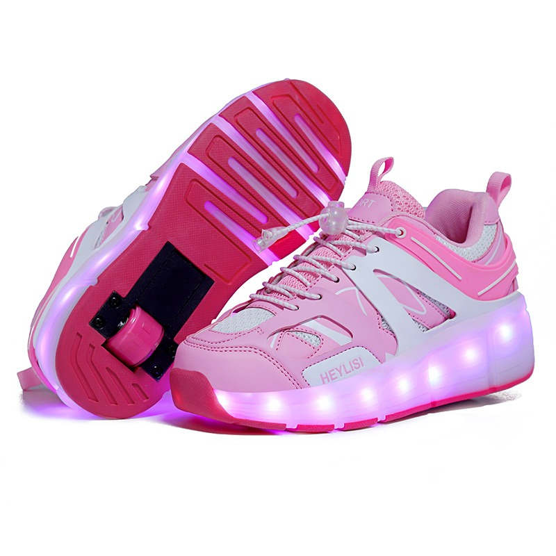 Kids Roller Skates Shoes with LED Rechargeable Single Wheel-Pink