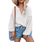 Womens Deep V Neck Lantern Sleeve Blouse Button Down Pullover Tops-White