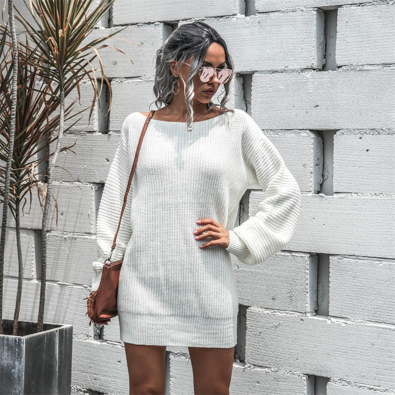 Womens Autumn Winter Off Shoulder Casual Loose Sweater Dress-White