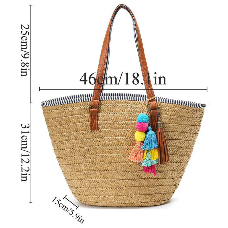 Straw Beach Tote Tassels Bag Summer Handwoven Shoulder Bags with Pom Poms