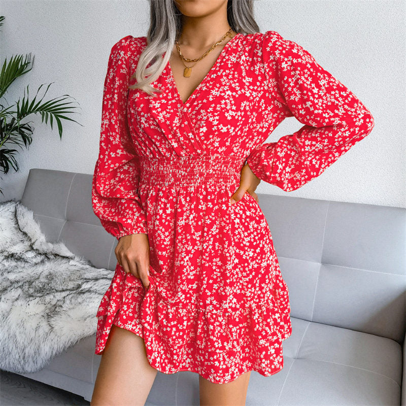 Womens Floral Long Sleeve V Neck Elastic High Waist Chiffon Dress-Red