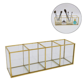 4-Compartment Organizer Vintage Brass and Glass Storage Makeup Brush Holder