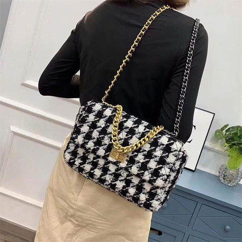 PU Leather Houndstooth Ladies Shoulder Bag Fashion Woolen Cloth Crossbody Bag-Black